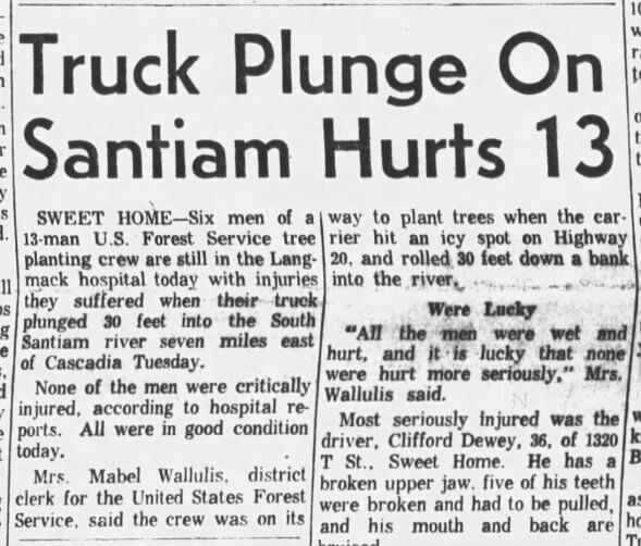 mabel d murphy . truck plunge on santiam . nov 1959